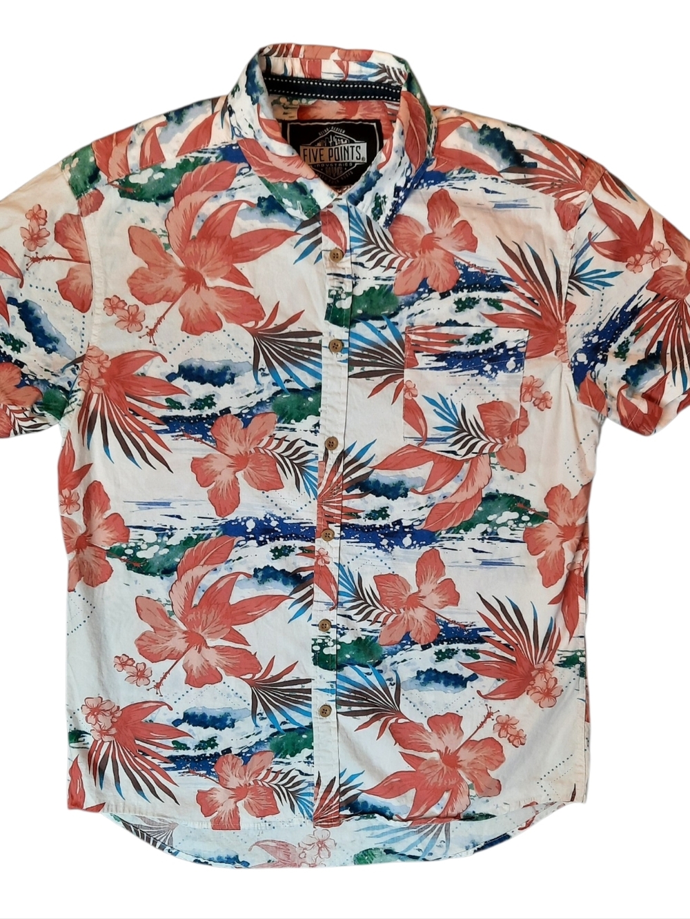Five Points Shirt Mens Small White Tropical Print Button Up Travel Resortwear